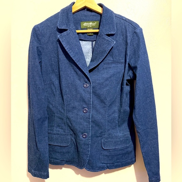 Eddie Bauer Women's Denim Indigo Blazer 90s Y2K Single Breasted Pockets Medium - Picture 1 of 14